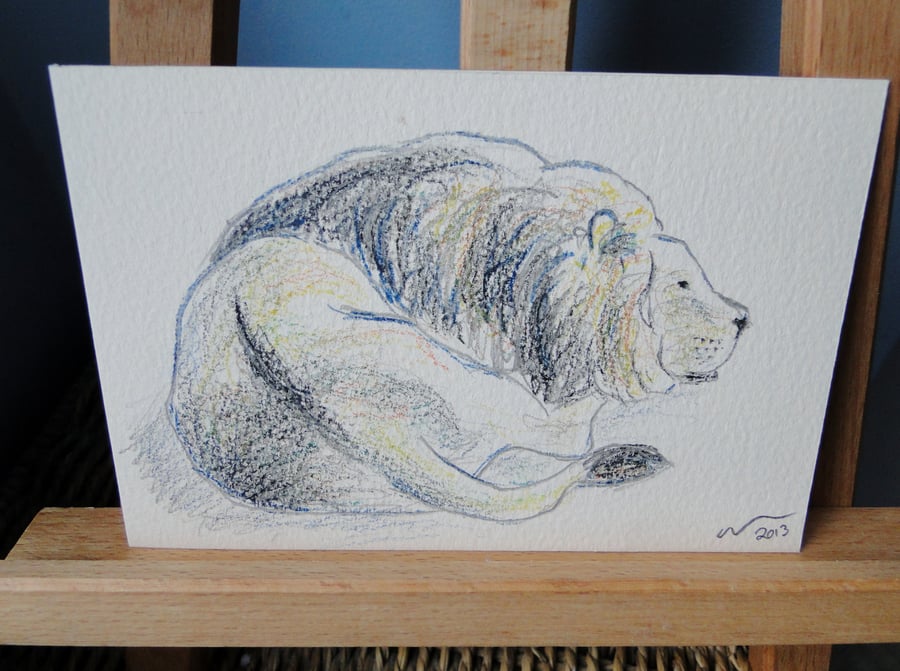 OSWOA Sleepy Lion Sketch Original Pencil Drawing 4x6 OOAK Art