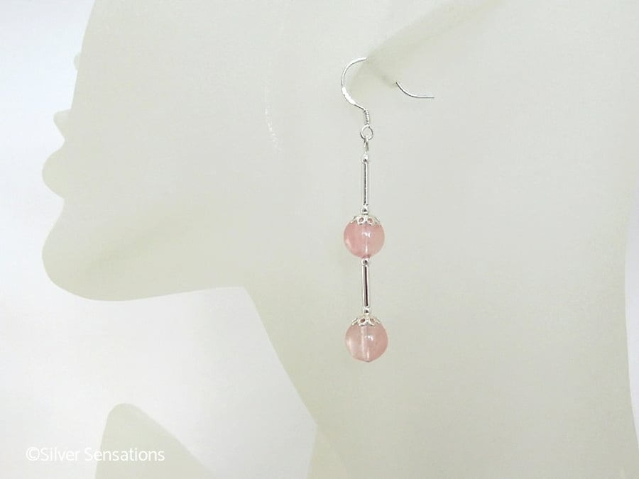 Peach Cherry Quartz & Sterling Silver Long Drop Earrings