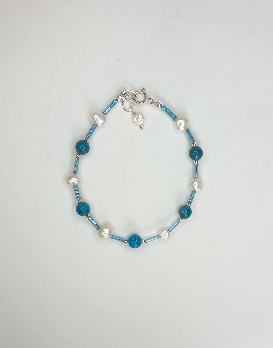 Neon Apatite, Freshwater Pearl and Sterling Silver Bracelet