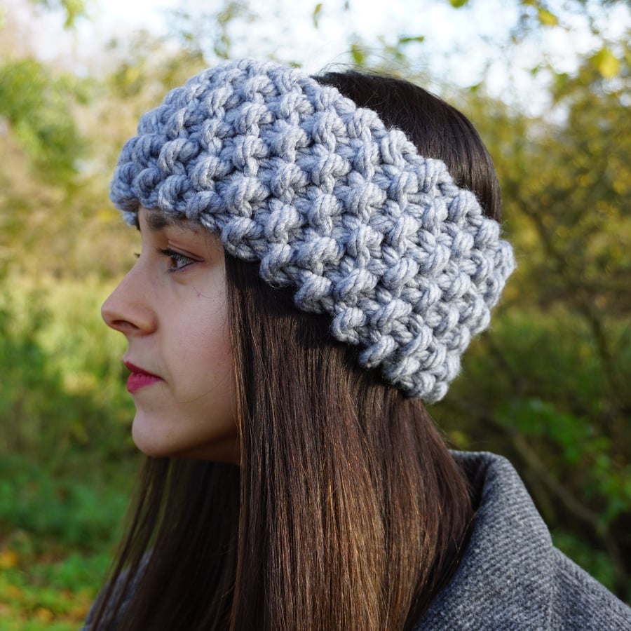 Women's Chunky Hand-Knit Ear Warmer in Grey, Mustard Yellow or White