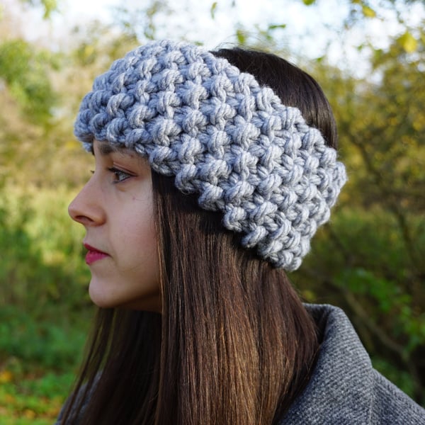 Women's Chunky Hand-Knit Ear Warmer in Grey, Mustard Yellow or White