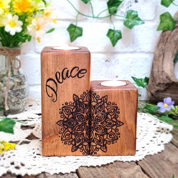 Peace mandala - pyrography tealight holder set