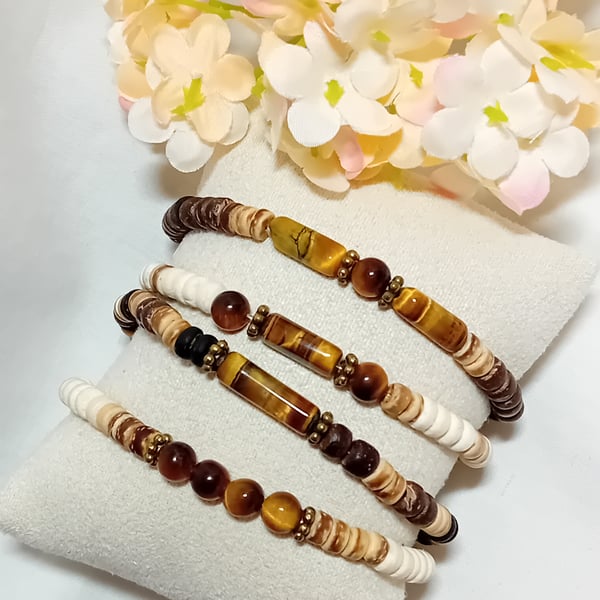 Coconut Shell Bead & Tigers Eye Bracelets