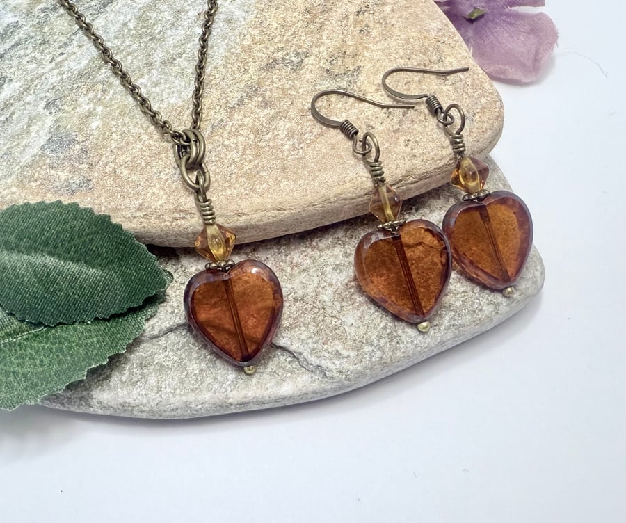 Burnt orange heart shaped necklace and earrings set