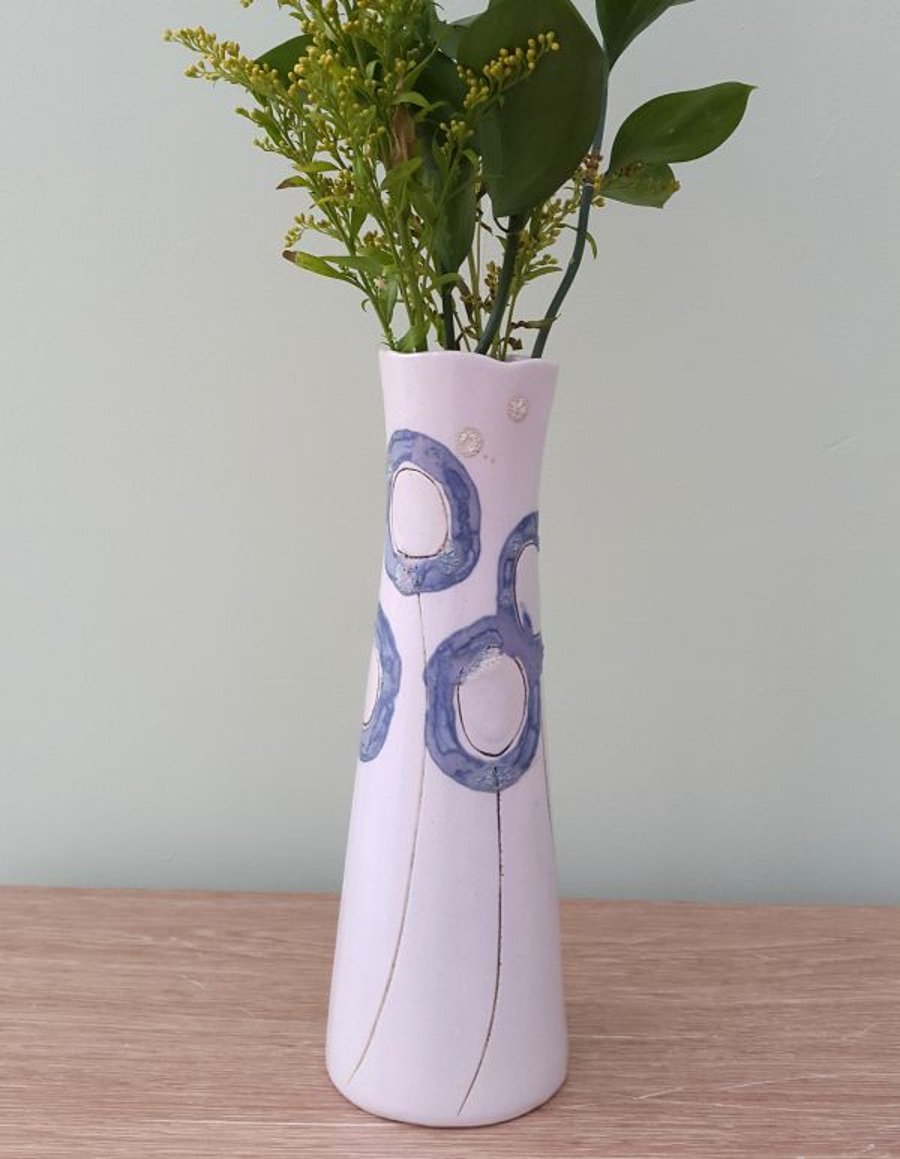 Elegant Tall Ceramic Flower Vase with Blue Circles