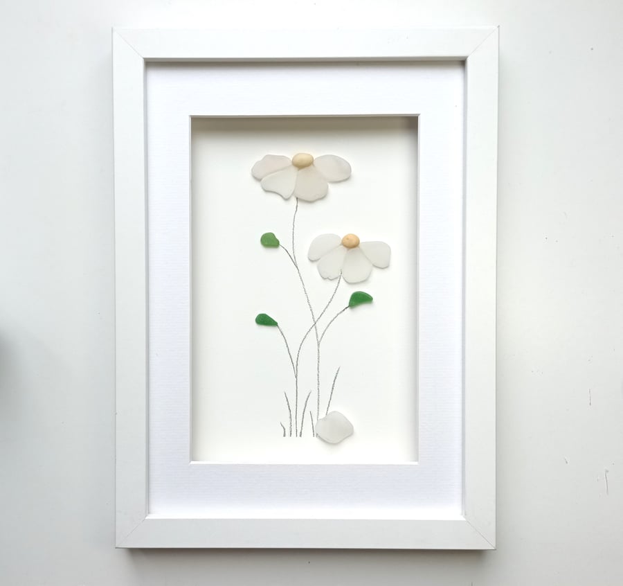 Daisy, Sea Glass Daisies, Wild Flowers, Framed Floral Wall Art, Made in Cornwall