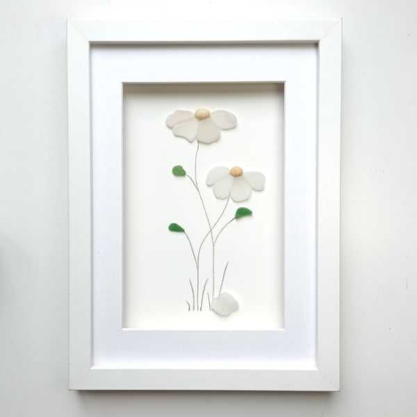 Daisy, Sea Glass Daisies, Wild Flowers, Framed Floral Wall Art, Made in Cornwall