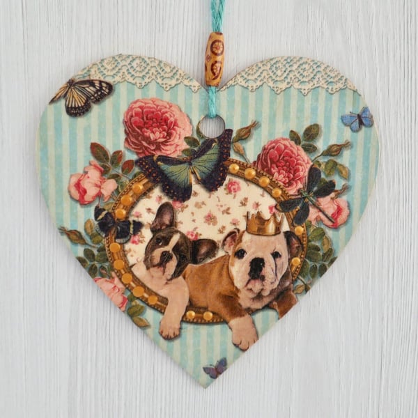Decoupaged Wooden Hanging Heart 15cm (6”) Bulldogs design