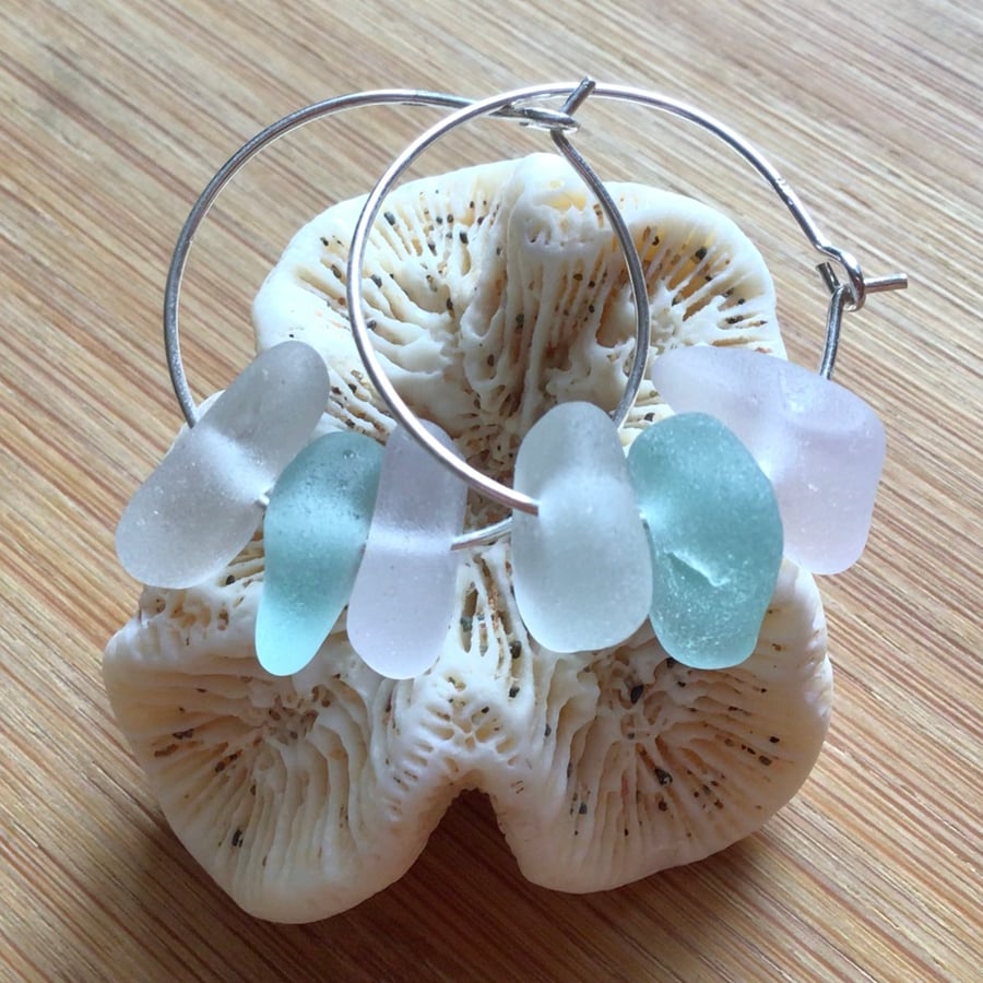 Pastel seaglass earrings on 25mm sterling silver hoops.