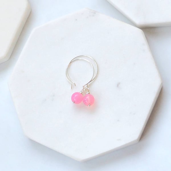 Pink Glass SIlver Hoop Earrings, Pastel Pink Hoop Style Drop Earrings