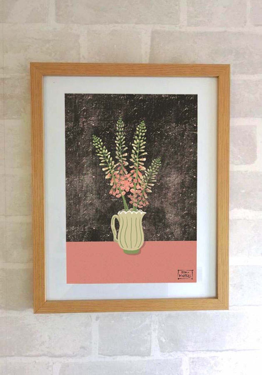 FOXGLOVES -Vintage vase with Flowers Print Only by Nina Martell