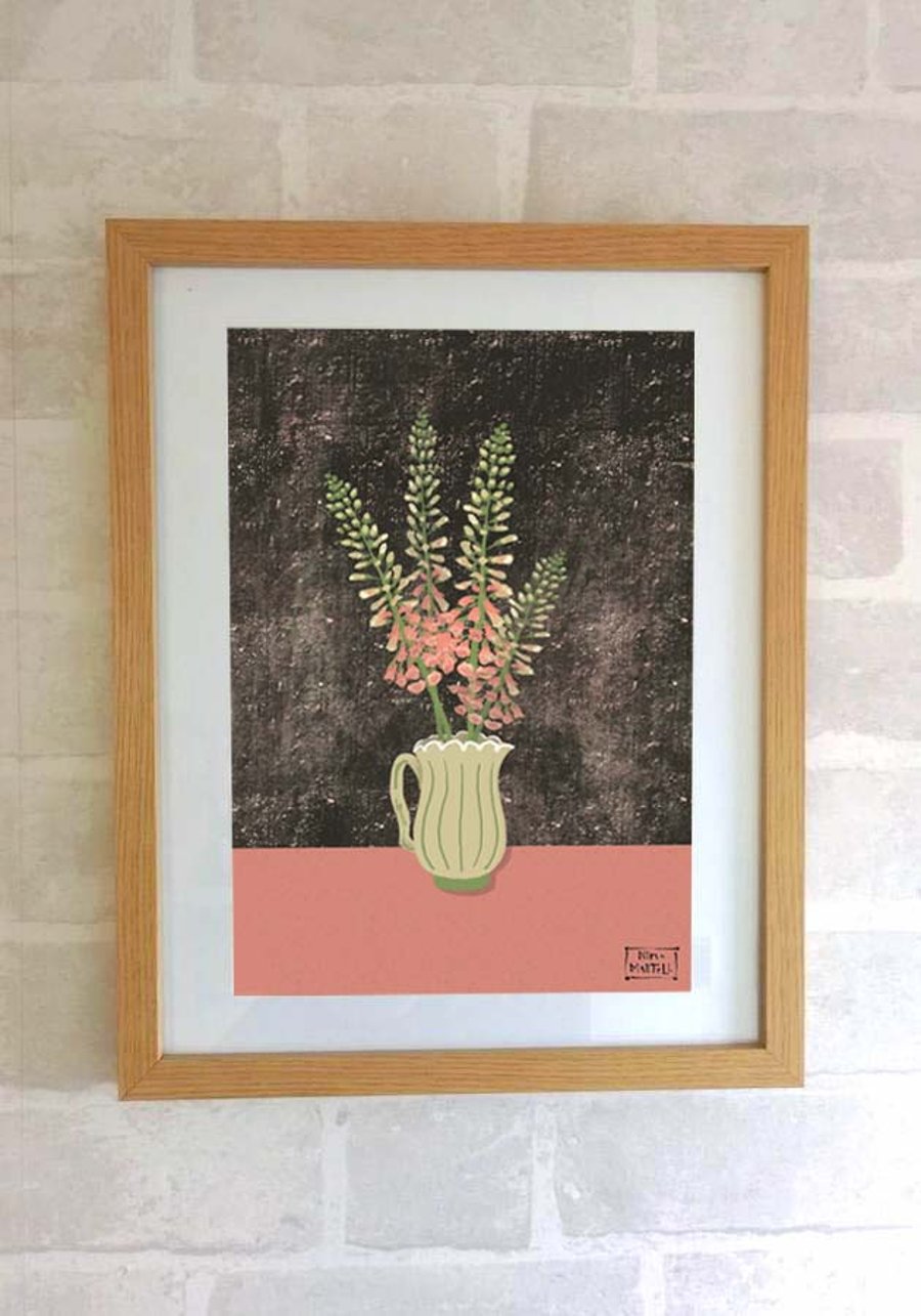 FOXGLOVES -Vintage vase with Flowers. A4 Print Only by Nina Martell