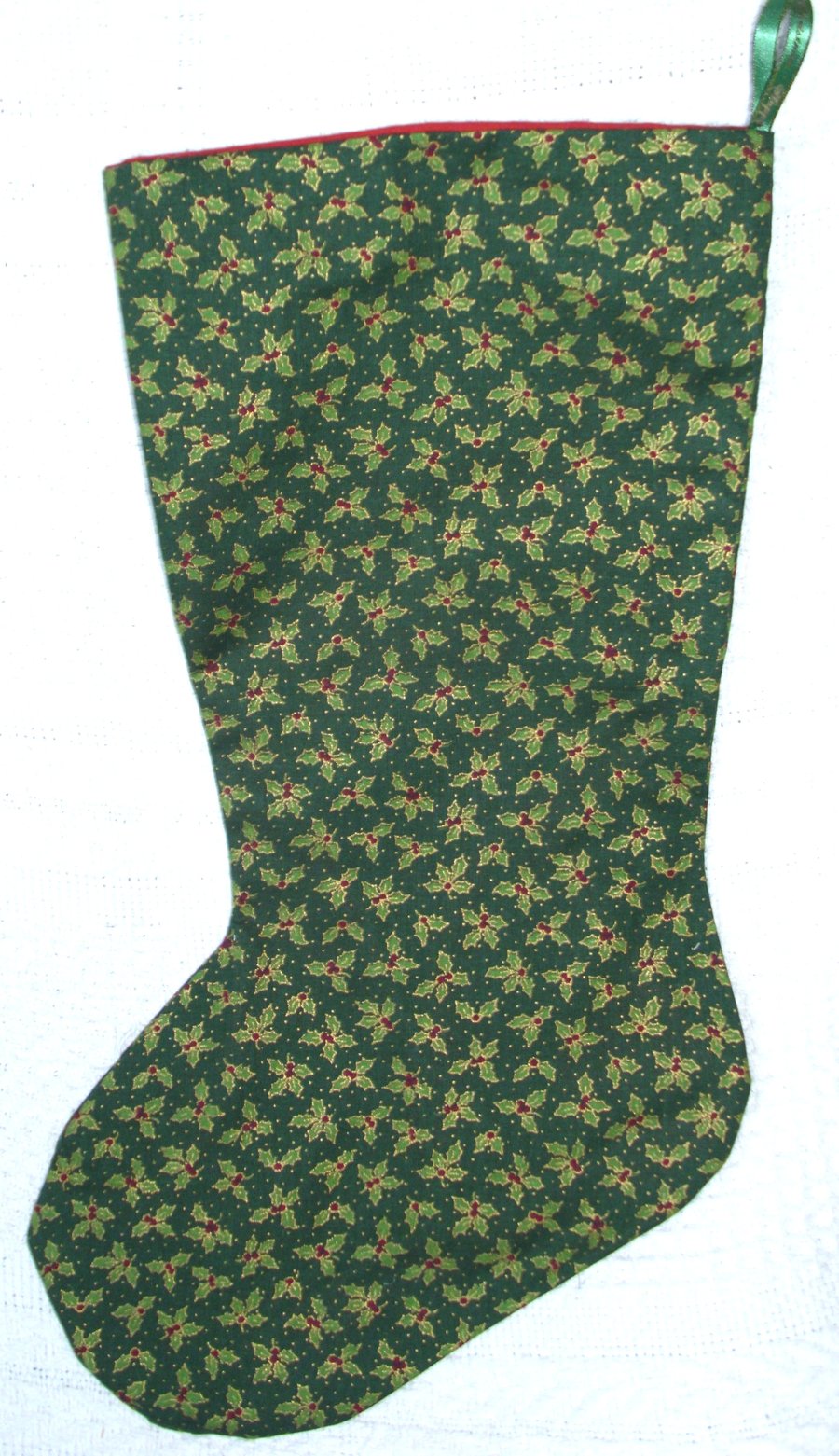 Holly and berries dark green Christmas stocking