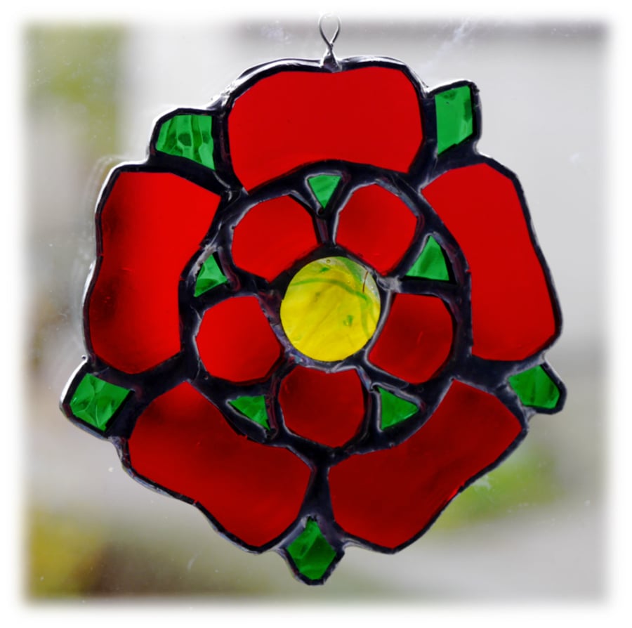 Lancashire Rose Suncatcher Stained Glass Red Handmade 032