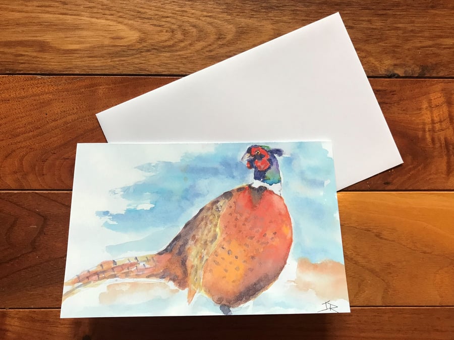 Pheasant in snow Christmas card by British artist