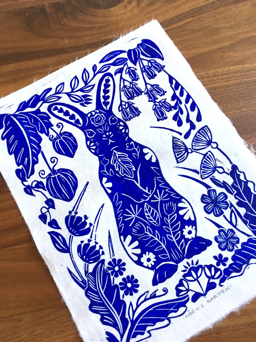 Blue and White Rabbit Print - linocut, blue and white china, willow pattern art