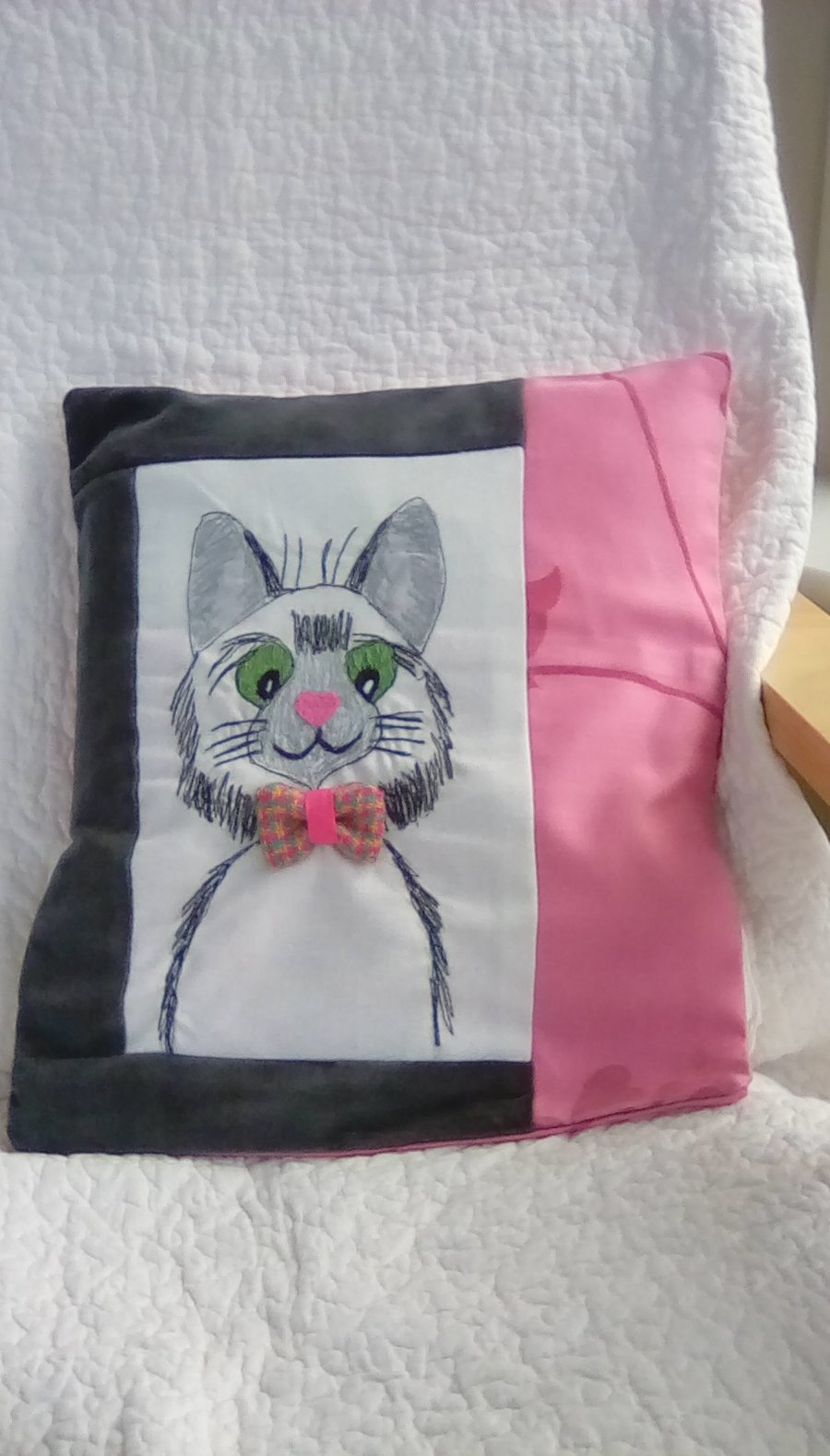 Cat Cushion, Embroidered Cat Cushion, White Cat Cushion