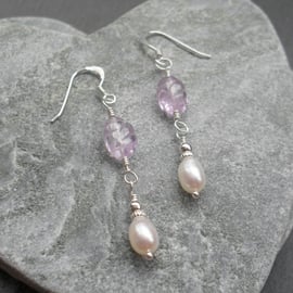 Freshwater Pearls and Lilac Amethyst Drop Dangle Sterling Silver Earrings