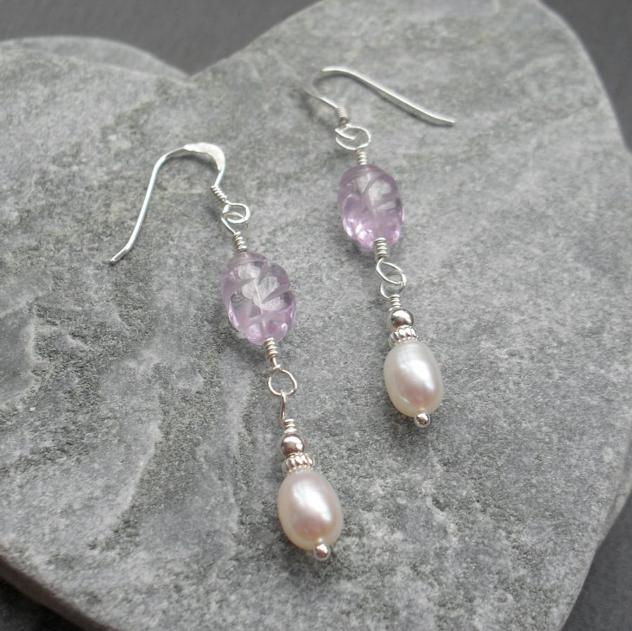 Freshwater Pearls and Lilac Amethyst Drop Dangle Sterling Silver Earrings