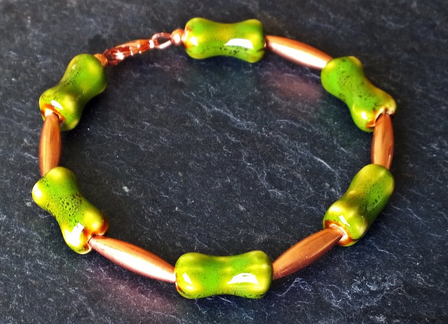 Pure Copper and Bone Shape Ceramic Bead Bracelet