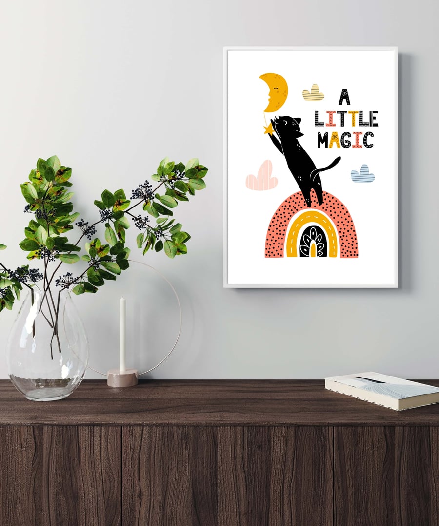 Cat on the rainbow print, gift for cat lovers, scandi art. cat print 3