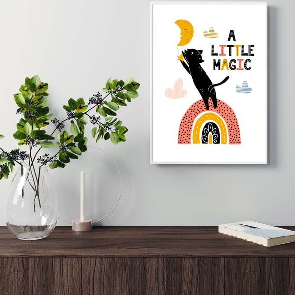 Cat on the rainbow print, gift for cat lovers, scandi art. cat print 3