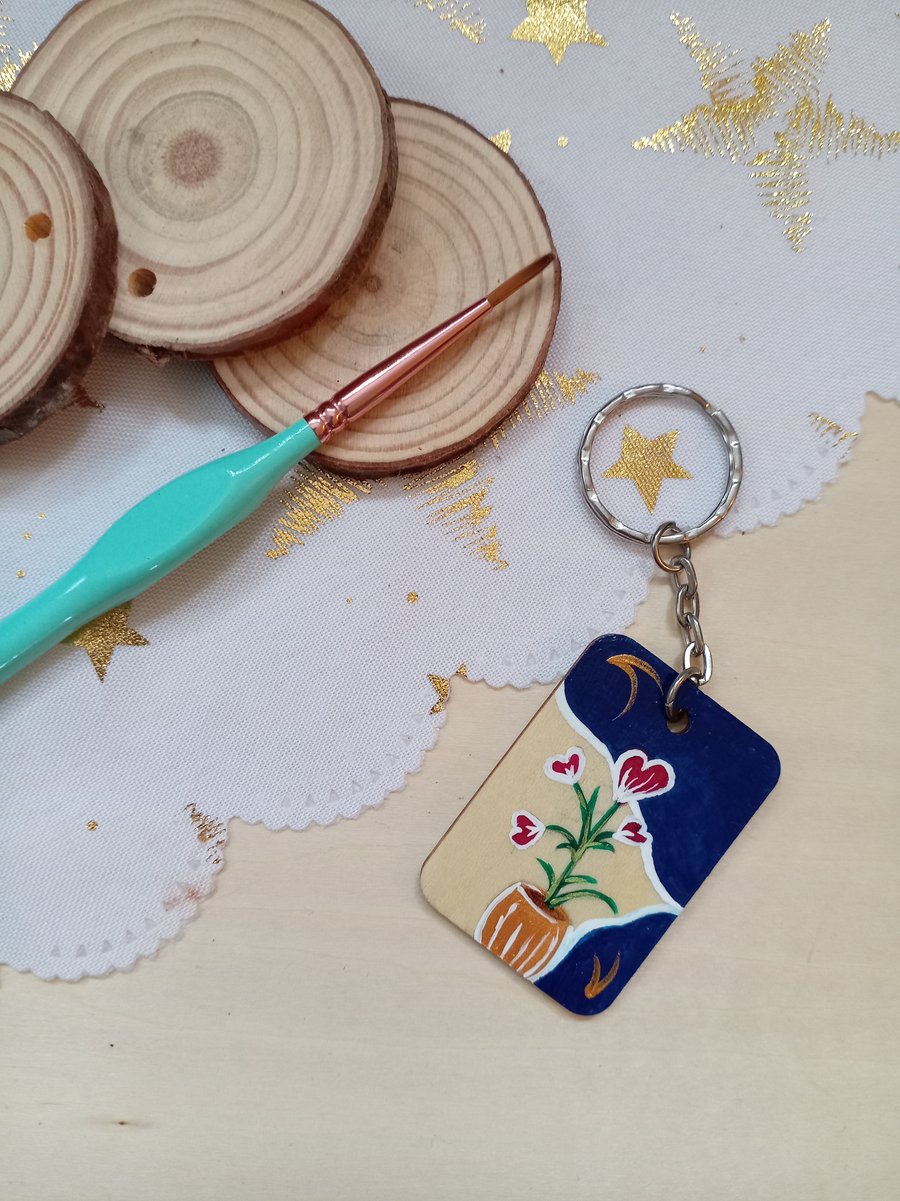 Wooden rectangular flower Keyring 