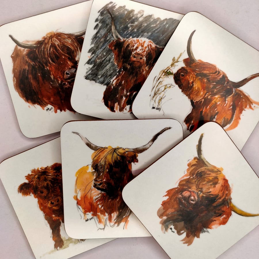 Set of 6 assorted Highland Cattle Coasters