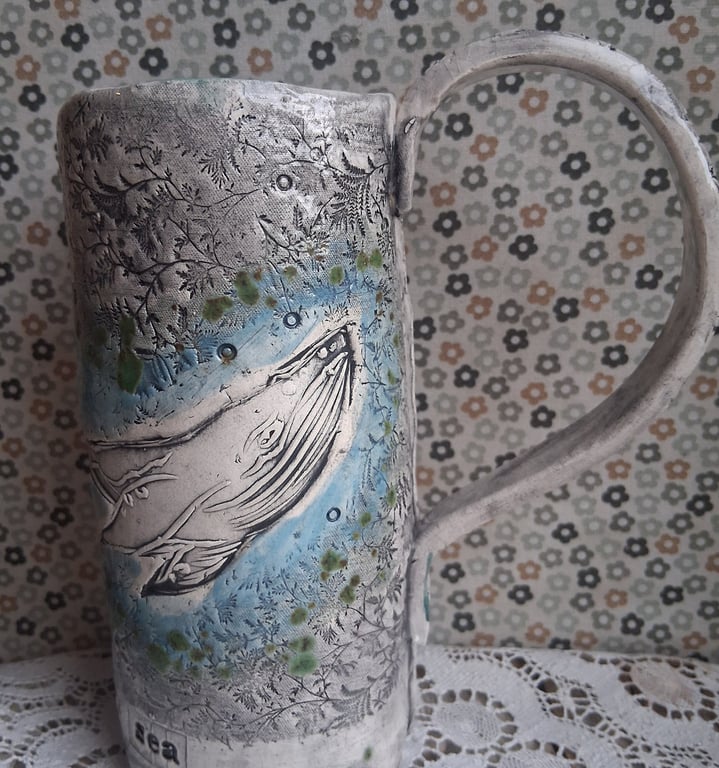 handmade stoneware rustic coffee mug, whale blue poem tex glaze ceramic pottery 