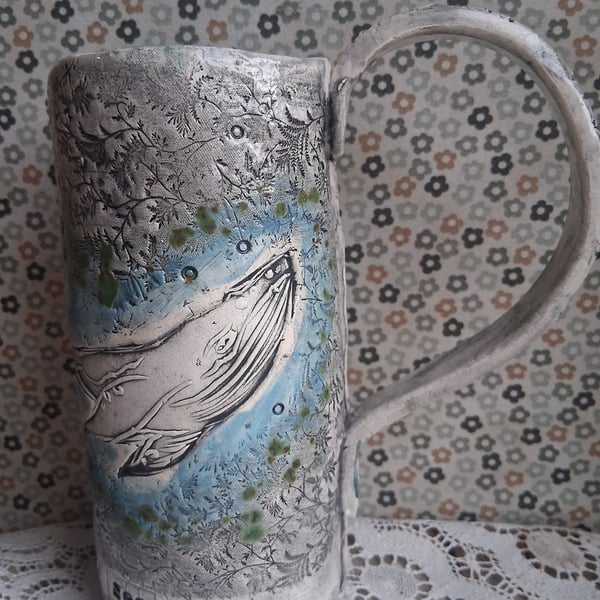 handmade stoneware rustic coffee mug, whale blue poem tex glaze ceramic pottery 