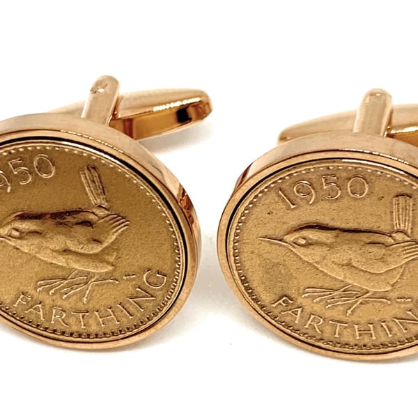 Luxury 1950 Farthing Cufflinks for a 71st birthday. British Farthings RG