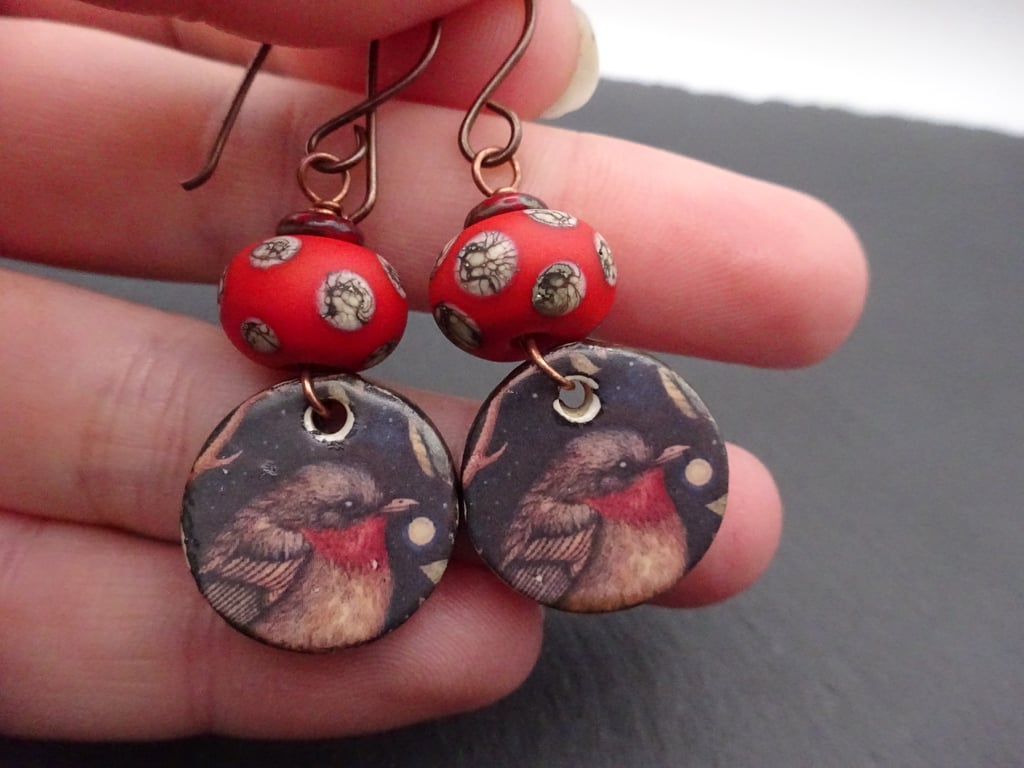 copper, lampwork glass and ceramic robin earrings