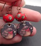 copper, lampwork glass and ceramic robin earrings