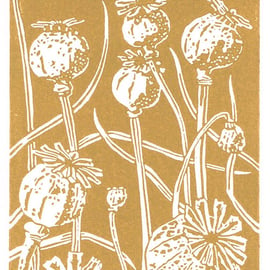 Poppy Seedhead caramel - Original Linocut Print