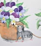 Little Fieldmouse and pots of Violet Flowers. Painting - Image 2