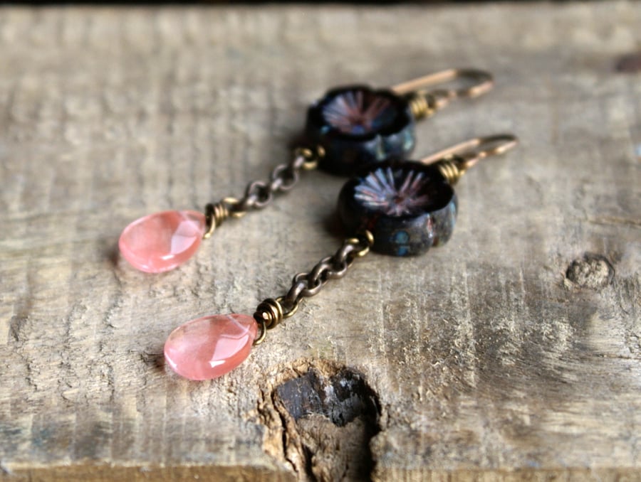 Strawberry Quartz & Czech Glass Earrings