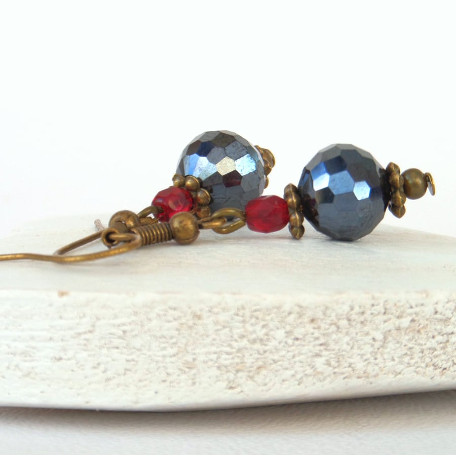 Jet and red crystal earrings, vintage inspired