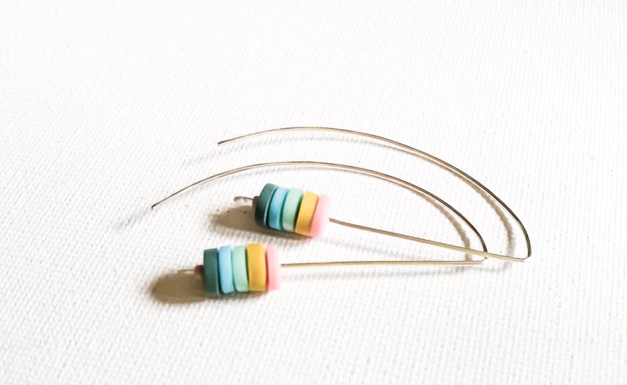 SALE! Multi Colour Long Wire Disc Earrings, Contemporary Jewellery