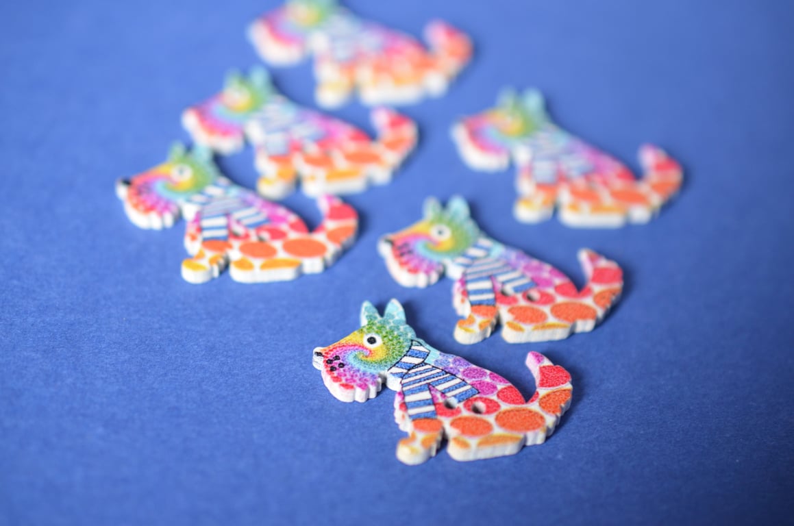 Wooden Dog Buttons Rainbow Swirl 6pk 30x20mm Puppy (DG12)