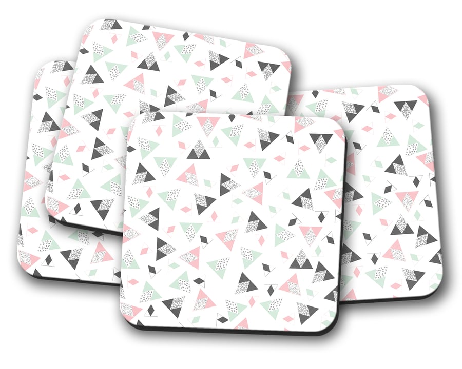Set of 4 White with Green, Pink and Grey Geometric Triangle Design Coasters 