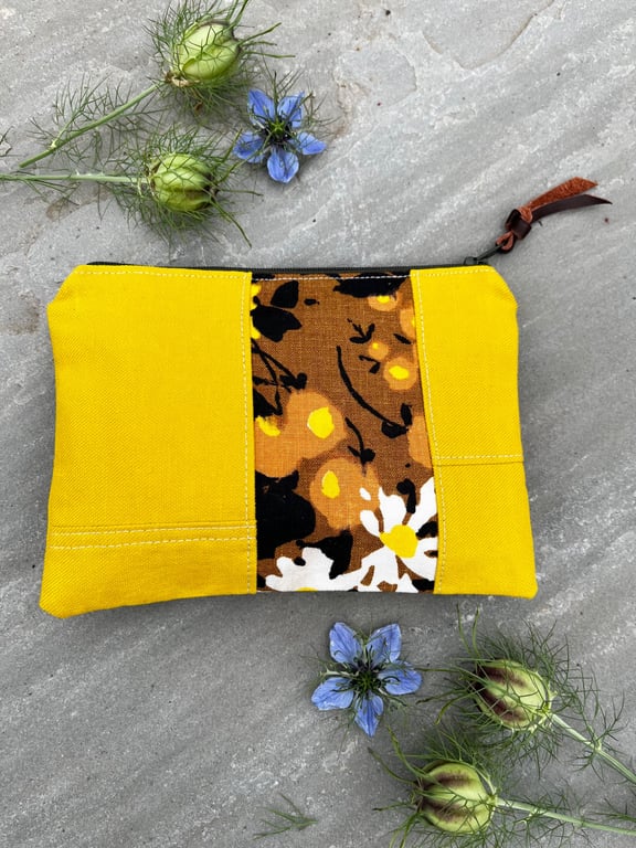 Vintage floral and yellow cotton zip pouch