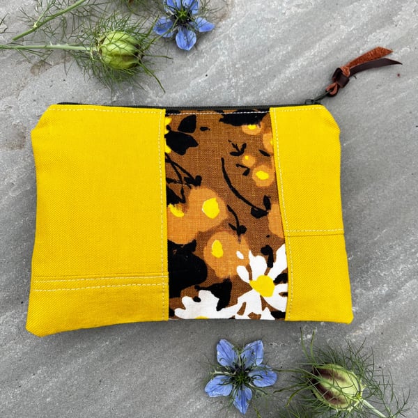 Vintage floral and yellow cotton zip pouch