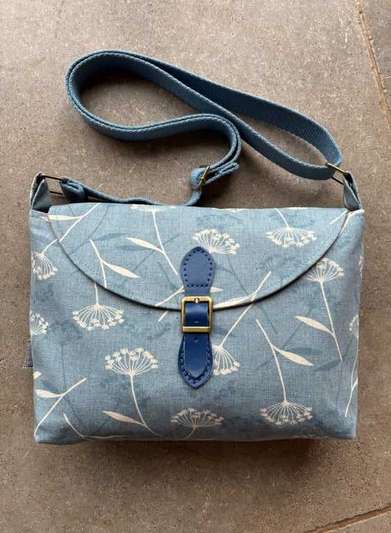 Blue Dandelion Crossbody Bag – Handmade Canvas Bag with Leather Buckle