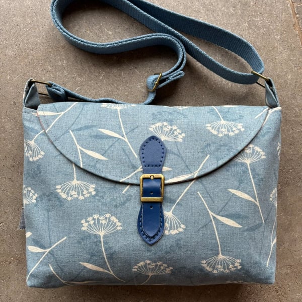 Blue Dandelion Crossbody Bag – Handmade Canvas Bag with Leather Buckle