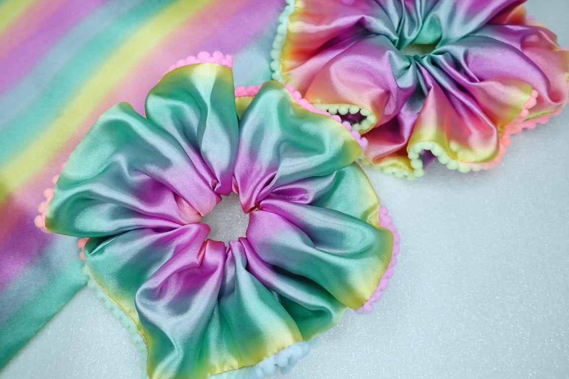 XXL Satin Pastel Rainbow Scrunchies, Pom Pom Pride Rainbow Scrunchies