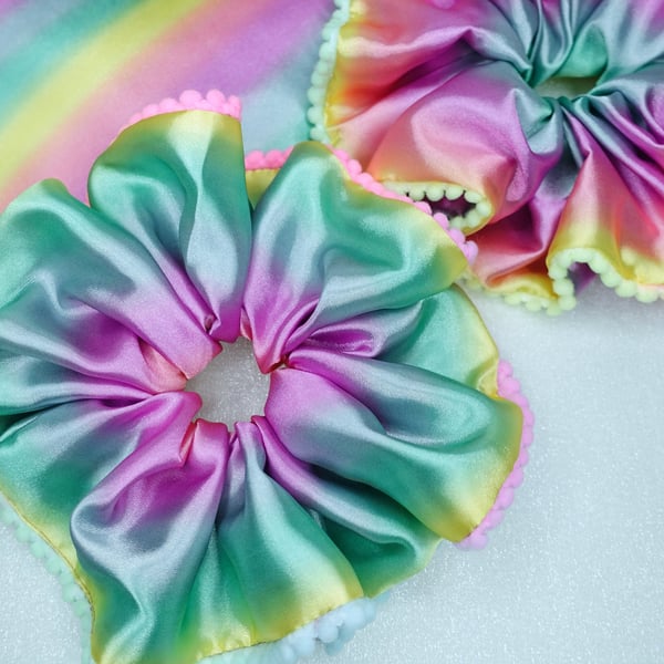 XXL Satin Pastel Rainbow Scrunchies, Pom Pom Pride Rainbow Scrunchies