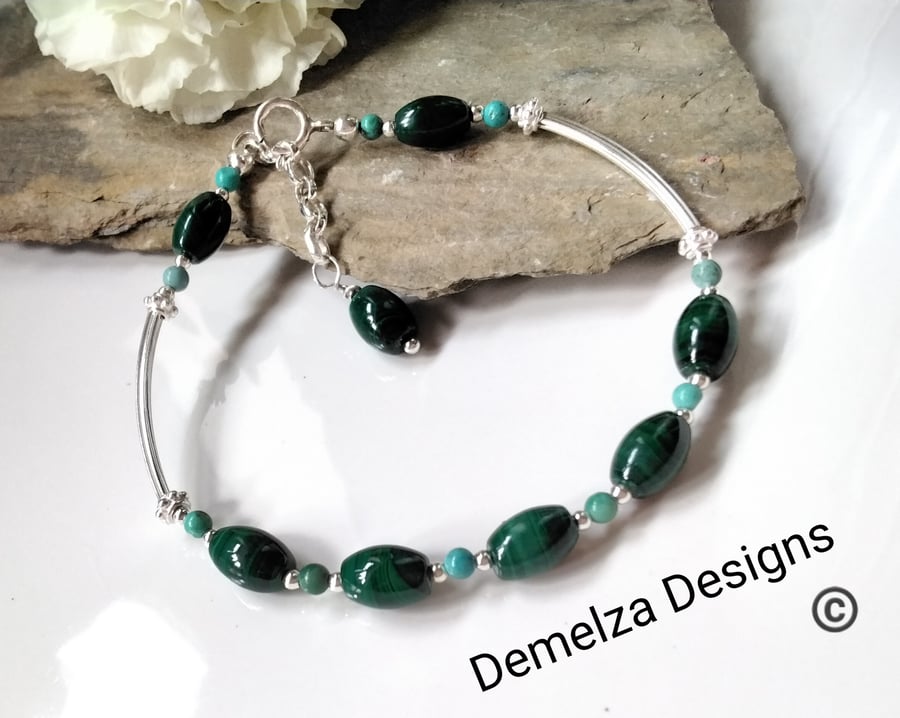 Designer Malachite & Chinese Turquoise Sterling Silver Bangle-Bracelet 