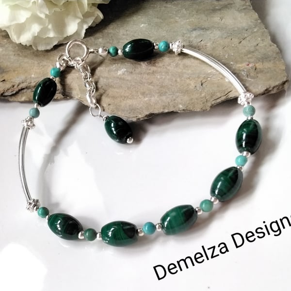 24.83ct  Malachite & 1.65ct Chinese Turquoise Sterling Silver Bangle-Bracelet 