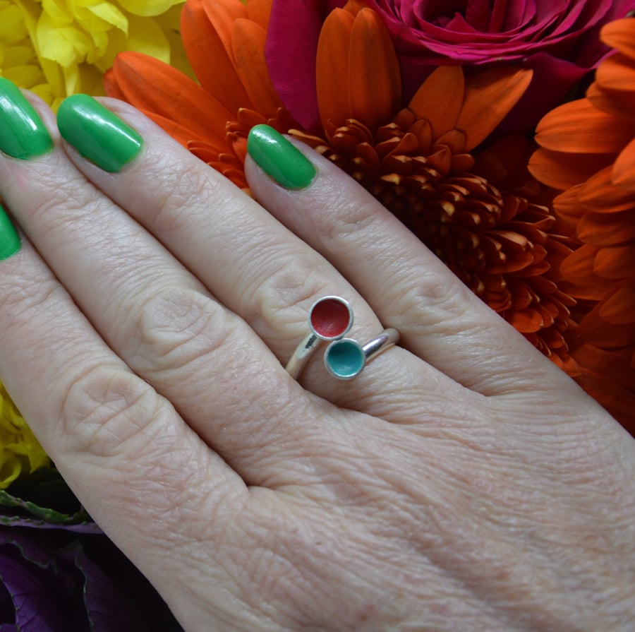 Sterling silver red and turquoise bubble enamel wrap ring 