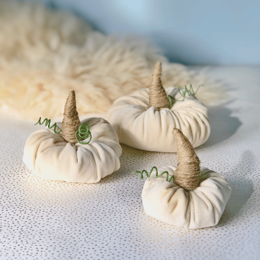Set of 3 Ivory Velvet Pumpkins